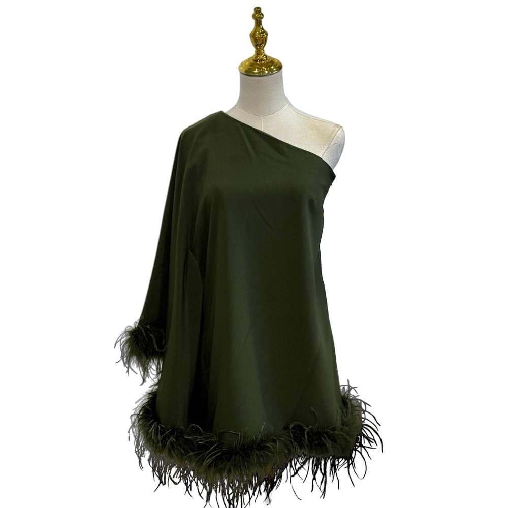 Antonio Melani SZ 0 Cosima Olive Green One Shoulder Feather Trim Mini Dress NWT